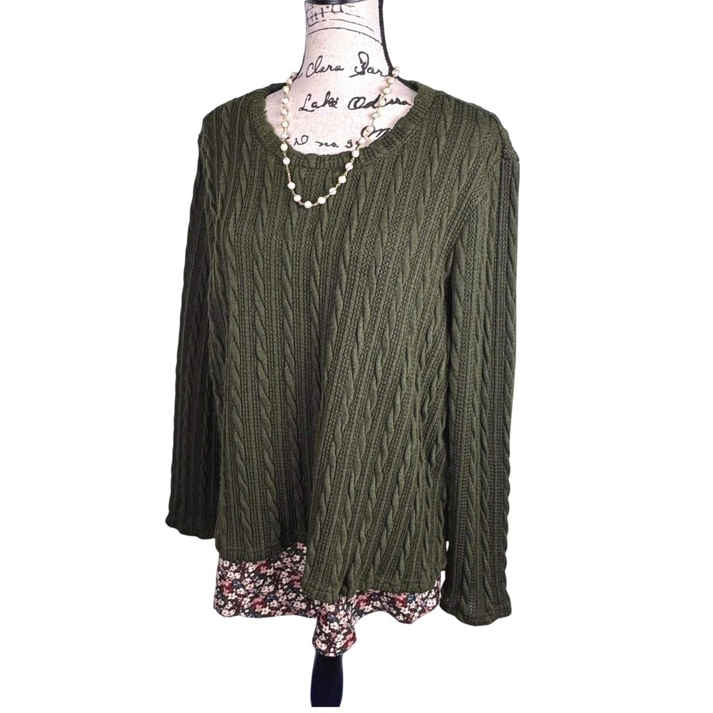 Weekend Suzanne Betro Cable Knit Layered Sweater Floral Shirt Combo Large Fall
